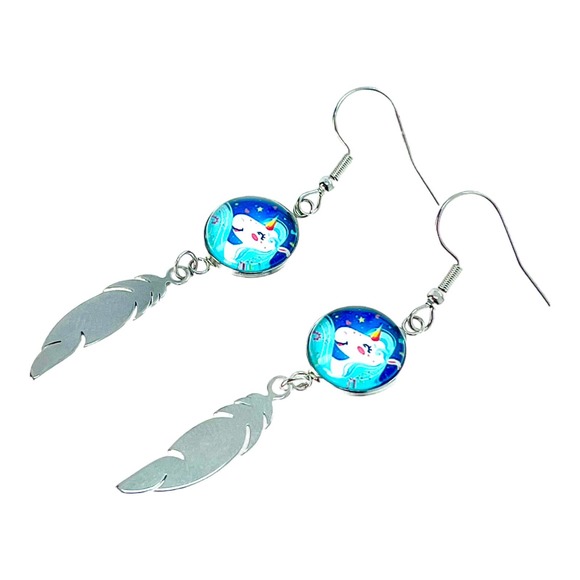 Indigo Unicorn Feather Earrings, Pegasus Winged Pony Fantasy Blue Jewelry - Picture 1 of 5
